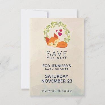 Cute Orange Fox with Green Wreath Baby Shower Save The Date