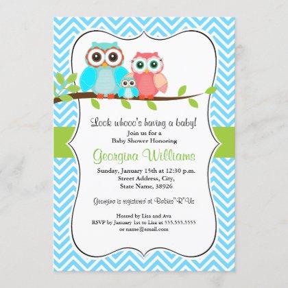 Cute Owl Baby Shower Invitation / Blue