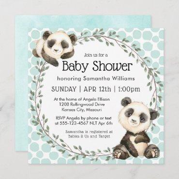 Cute Panda Bears Square Baby Shower Invitation