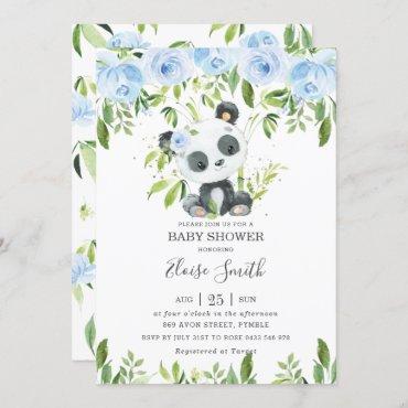 Cute Panda Blue Floral Greenery Baby Shower  Invitation