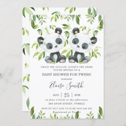 Cute Panda Pink Floral Twin Boys Twins Baby Shower Invitation