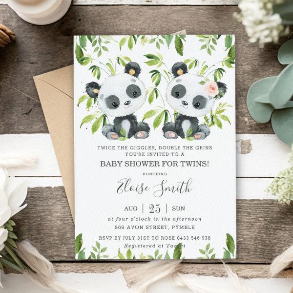 Cute Panda Pink Floral Twins Boy Girl Baby Shower