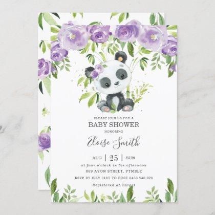 Cute Panda Purple Floral Greenery Baby Shower Girl Invitation