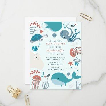 Cute Pastel Nautical Under The Sea Baby Shower Invitation Postcard