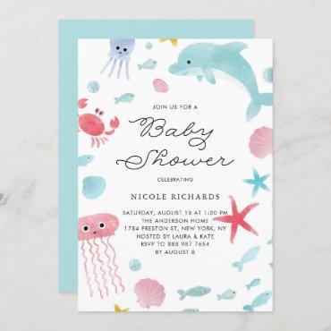 Cute Pastel Watercolor Under the Sea Baby Shower Invitation
