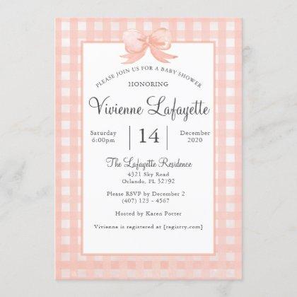 Cute Peach Gingham with Bow Baby Shower Invitation