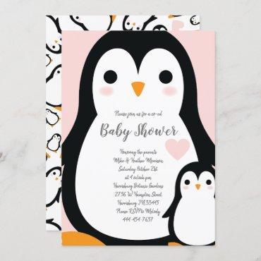 Cute Penguin Baby Shower Pink Girl Invitation