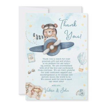 Cute Pilot Teddy Bear Blue Plane Boy Baby Shower Thank You Card