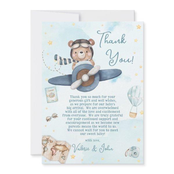 Cute Pilot Teddy Bear Blue Plane Boy Baby Shower Thank You Card
