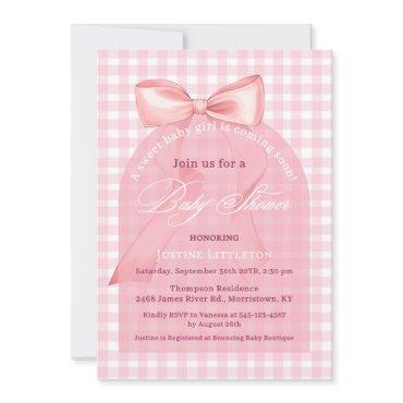 Cute Pink Bow Gingham Elegant Script Girl Shower