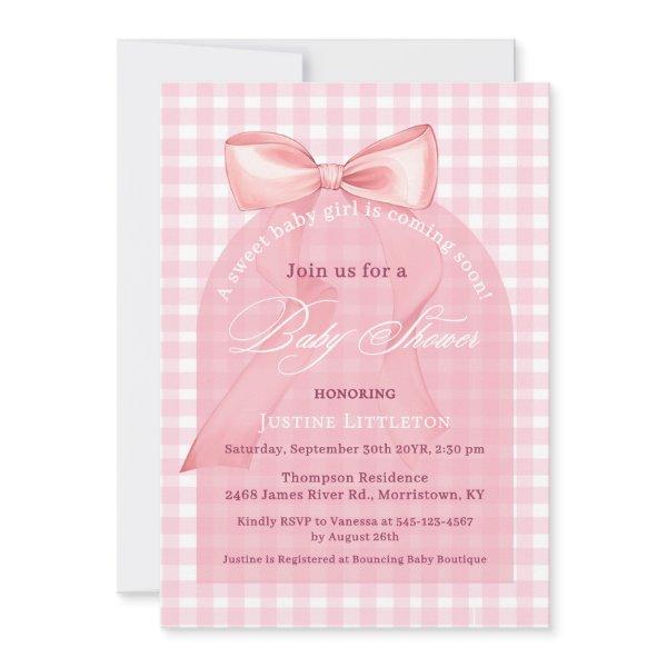 Cute Pink Bow Gingham Elegant Script Girl Shower