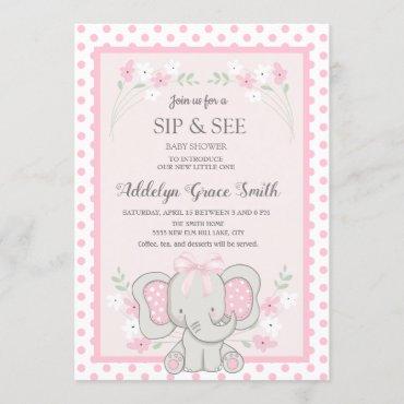 Cute Pink Elephant Polka Dots Flowers Sip See Baby