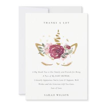Cute Pink Faux Gold Floral Unicorn Baby Shower Thank You Card