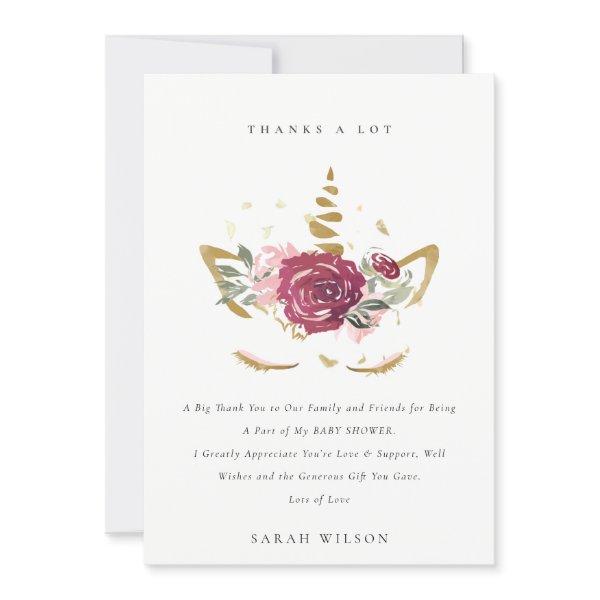 Cute Pink Faux Gold Floral Unicorn Baby Shower Thank You Card