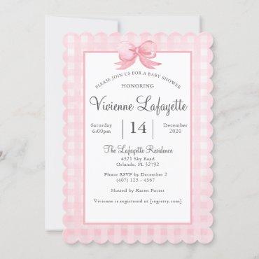 Cute Pink Gingham with Bow Baby Shower Invitation