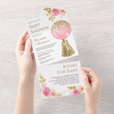 Cute Pink Gold Glitter Balloon Floral Baby Shower All In One