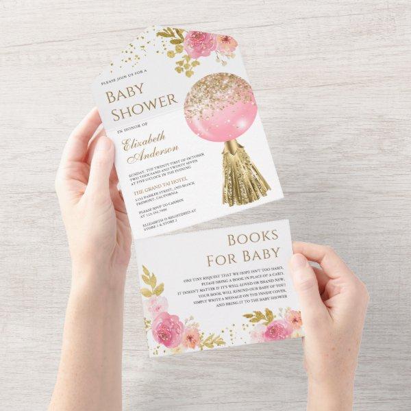 Cute Pink Gold Glitter Balloon Floral Baby Shower All In One