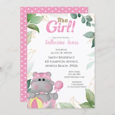 Cute Pink Gold Hippo Baby Shower