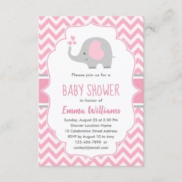 Cute Pink Gray Elephant Girl Baby Shower Invitation