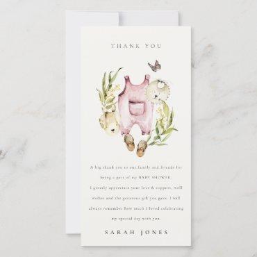 Cute Pink Leafy Foliage Girl Clothes Baby Shower Thank You Card