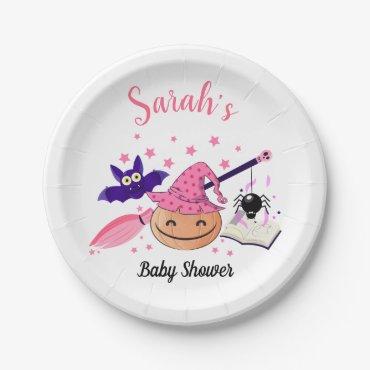 Cute Pink Little Pumpkin and witch hat Baby Shower Paper Plates