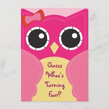 Cute Pink Owl Birthday or Baby Shower Invitation