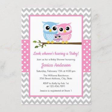 Cute Pink Owl Family Gray Chevron Girl Baby Shower Invitation