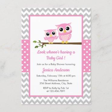 Cute Pink Owl Gray Chevron Girl Baby Shower Invitation