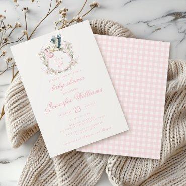 Cute Pink Stork Crest Baby Girl Shower