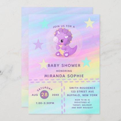Cute Purple Dinosaur Rainbow Art Baby Shower  Invi Invitation