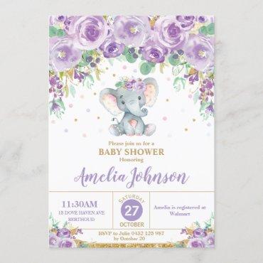 Cute Purple Floral Elephant Baby Shower Baby Girl Invitation