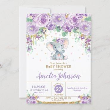 Cute Purple Floral Elephant Baby Shower Baby Girl