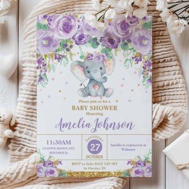 Cute Purple Floral Elephant Baby Shower Baby Girl