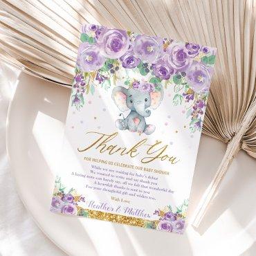Cute Purple Floral Elephant Baby Shower Baby Girl Thank You Card