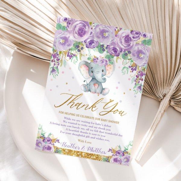 Cute Purple Floral Elephant Baby Shower Baby Girl Thank You Card