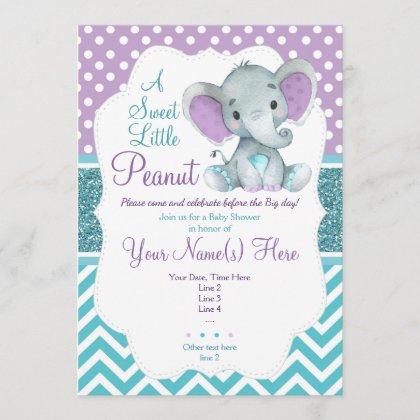 Cute Purple Teal Elephant Invitation Baby Shower
