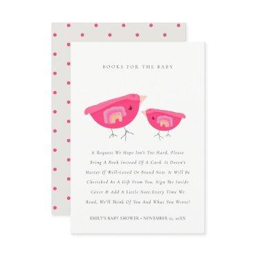Cute Rainbow Pink Birdy Books For Baby Shower Enclosure Card