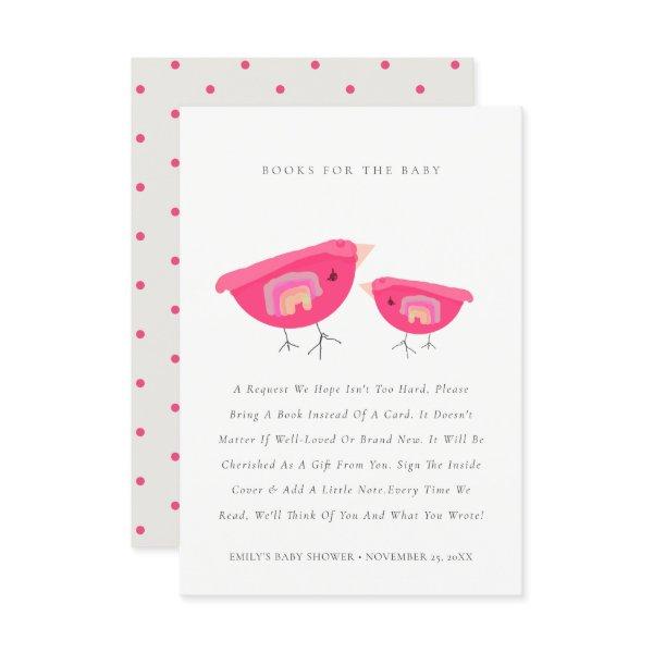 Cute Rainbow Pink Birdy Books For Baby Shower Enclosure Card
