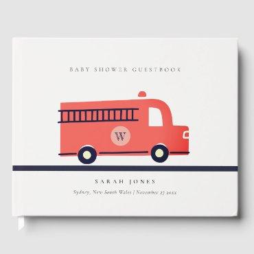 Cute Red Navy Fire Truck Engine Baby Shower Guest Book