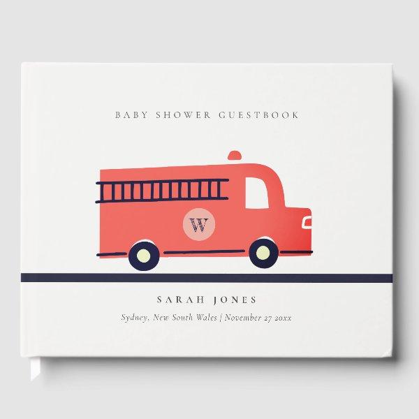 Cute Red Navy Fire Truck Engine Baby Shower Guest Book