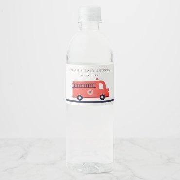 Cute Red Navy Fire Truck Engine Baby Shower Water Bottle Label
