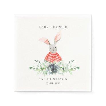 Cute Red Pink Bunny Garden Foliage Baby Shower Napkins