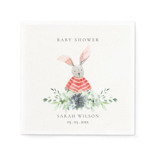 Cute Red Pink Bunny Garden Foliage Baby Shower Napkins