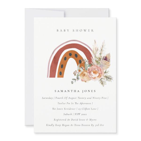 Cute Rust Boho Floral Rainbow Baby Shower Invite