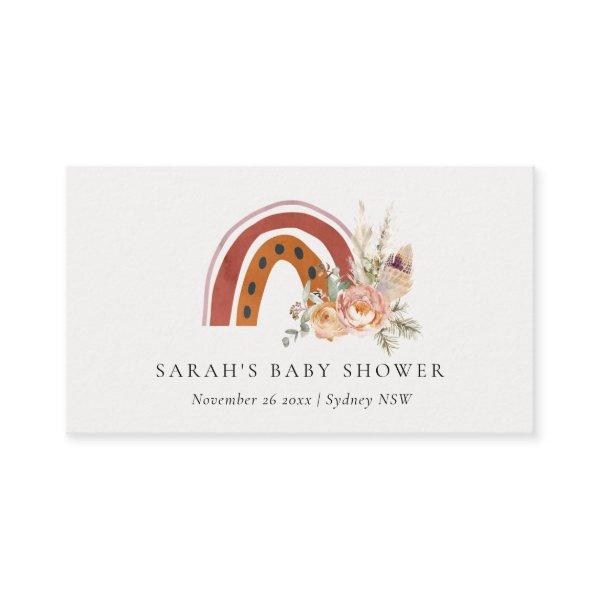 Cute Rust Orange Boho Floral Rainbow Baby Shower Place Card