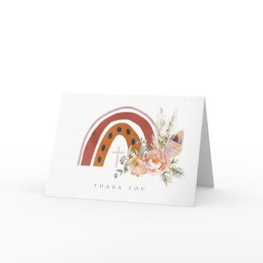 Cute Rust Orange Boho Floral Rainbow Cross Baptism Thank You Card