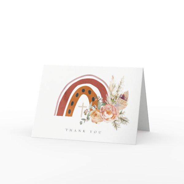 Cute Rust Orange Boho Floral Rainbow Cross Baptism Thank You Card