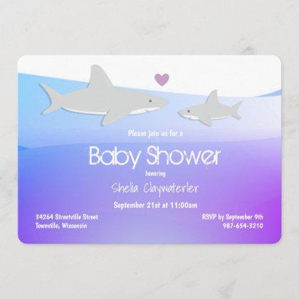 Cute Sharks Purple Ocean | Baby Shower Invitation
