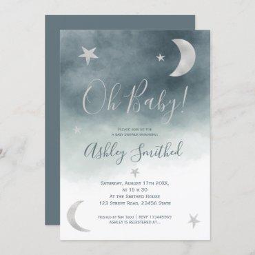Cute silver moon stars blue watercolor baby shower invitation