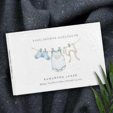 Cute Simple Aqua Blue Clothesline Boy Baby Shower Guest Book